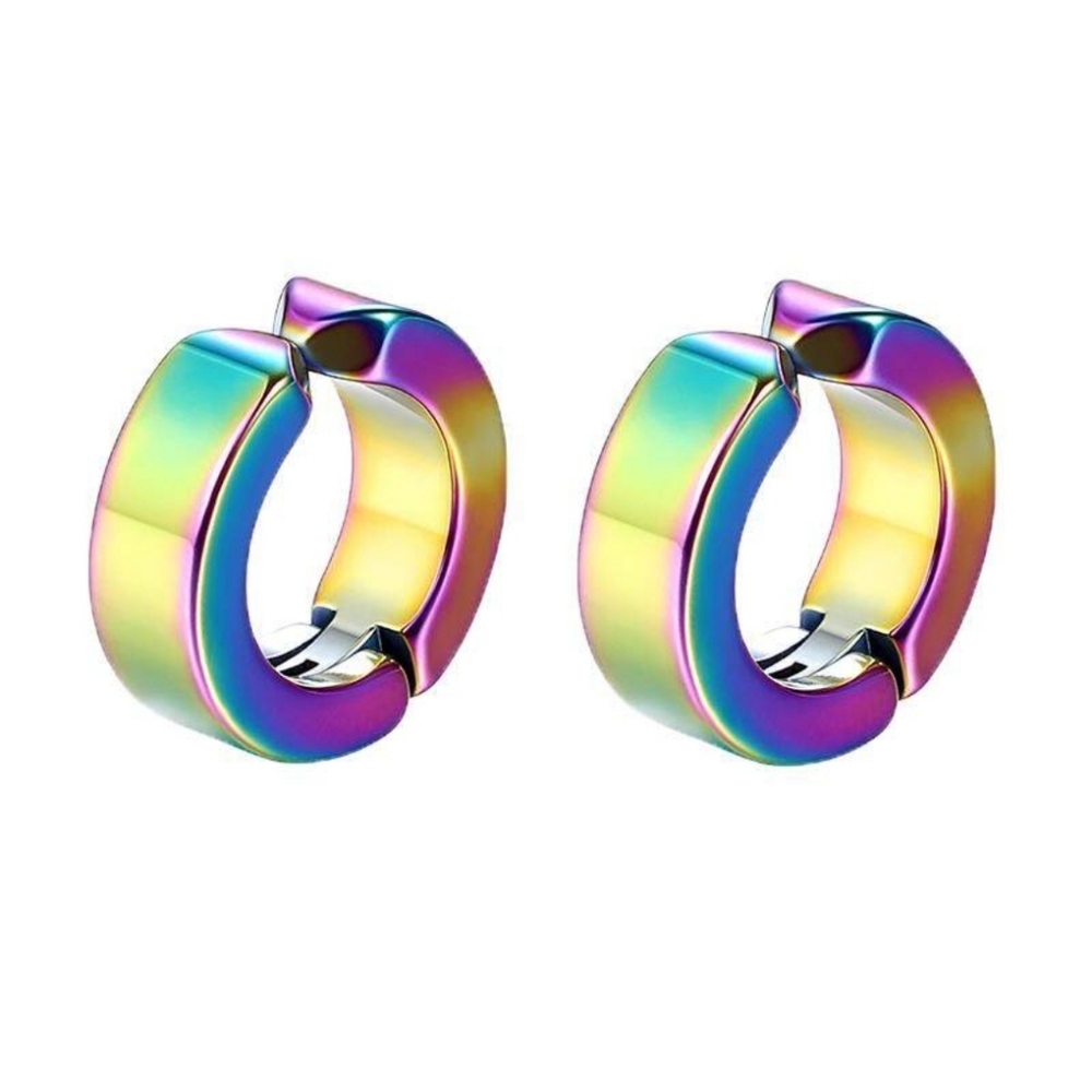 Rainbow Titanium Iridescent Stainless Steel Magnetic Hinged Hoop Clip Earrings